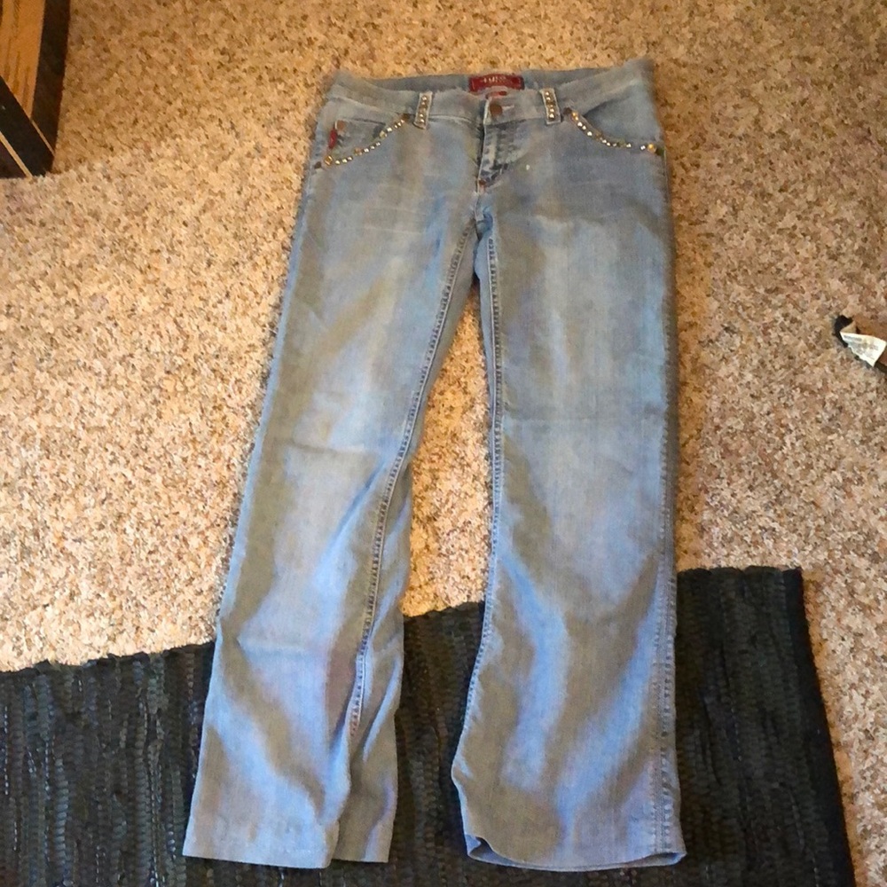 Tyte jeans light blue stretch lightweight golden rhinestones trim on pockets 32”